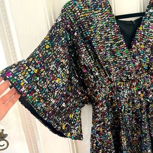 artsy eclectic multicolored sequin dress with flutter kimono batwing sleeves